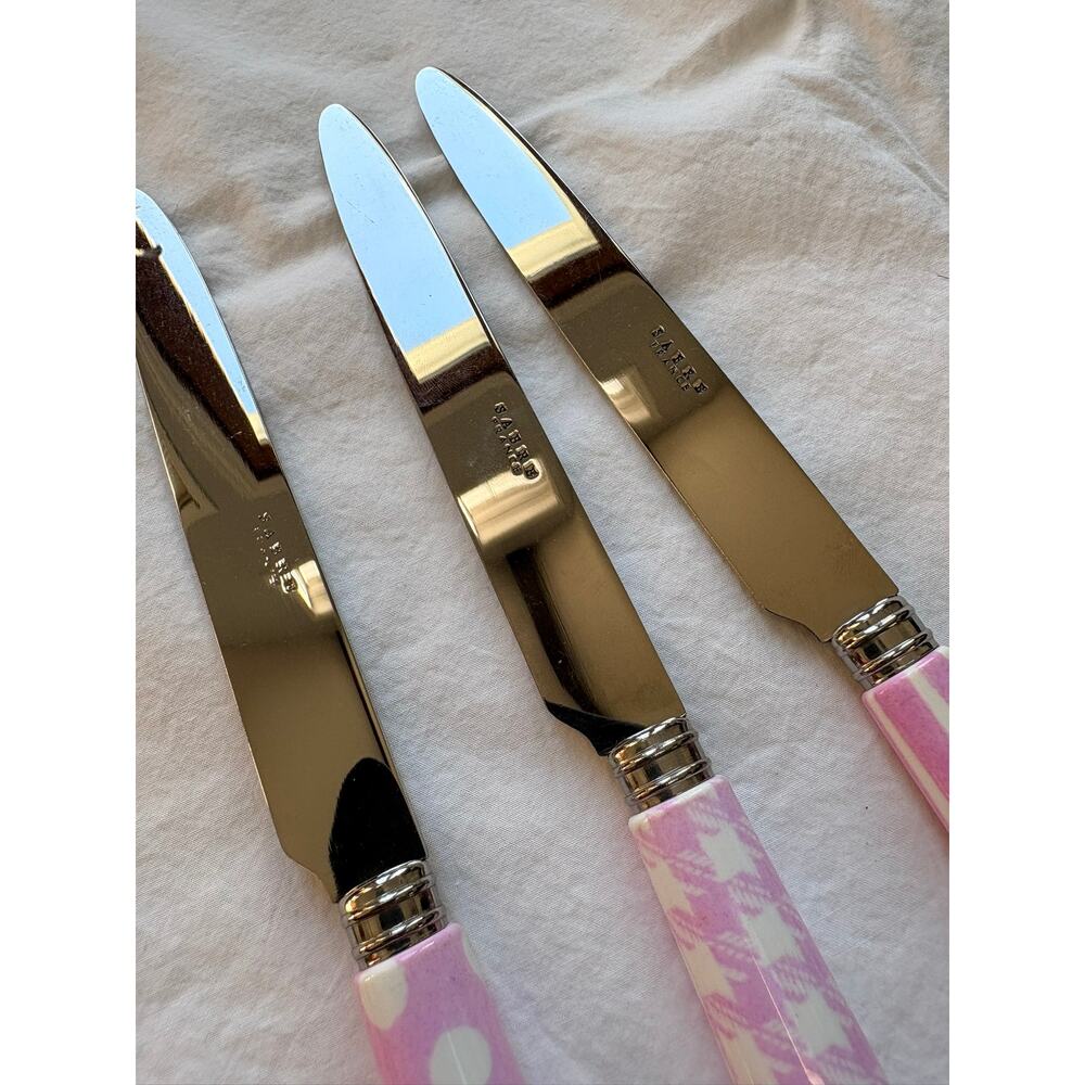 NEW Sabre Paris Breakfast Knives Set of 3 Pink & White Gingham Stripe Polka Dot - Picture 2 of 3